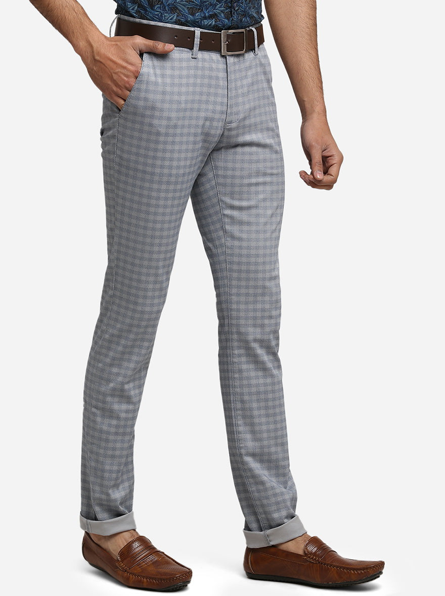 Sterling Blue Checked Super Slim Fit Casual Trouser | Greenfibre