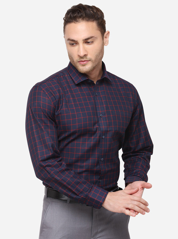 Navy Blue Checked Regular Fit Formal Shirt | Greenfibre