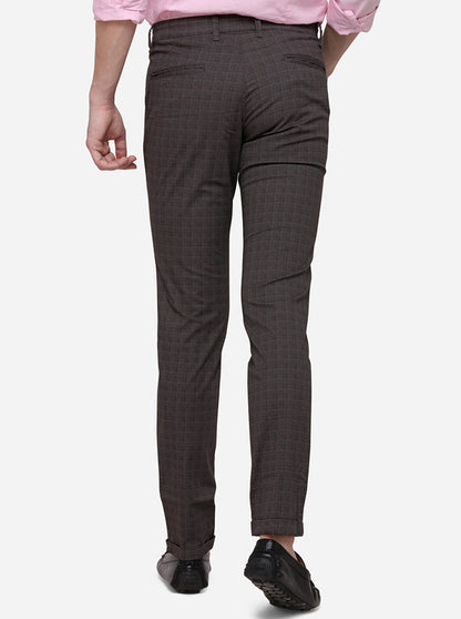 Coffee Super Slim Fit Checked Casual Trouser | Greenfibre