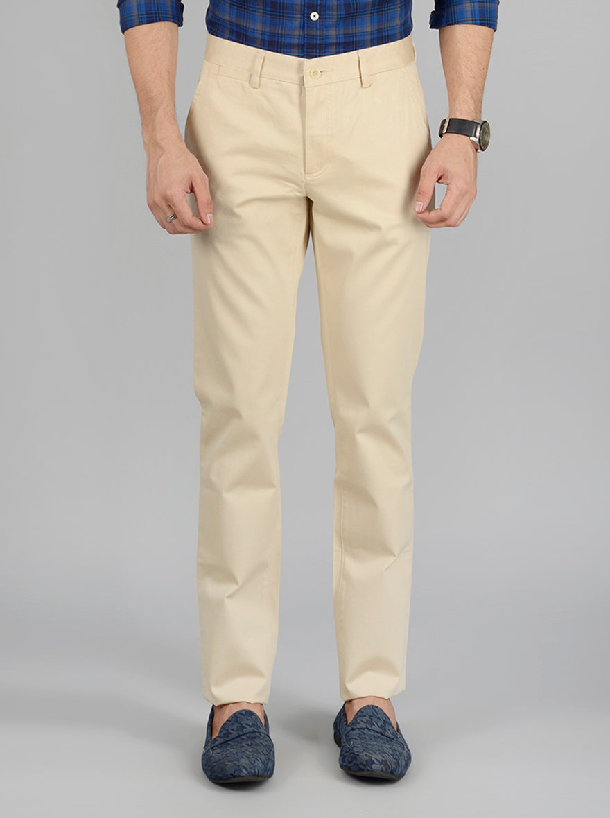 Beige Solid Super Slim Fit Casual Trouser | Greenfibre