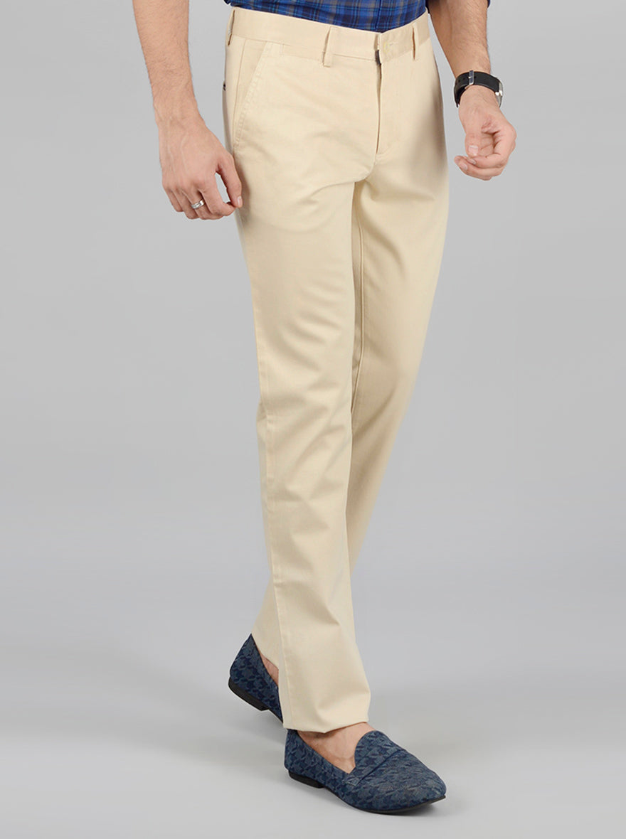 Beige Solid Super Slim Fit Casual Trouser | Greenfibre