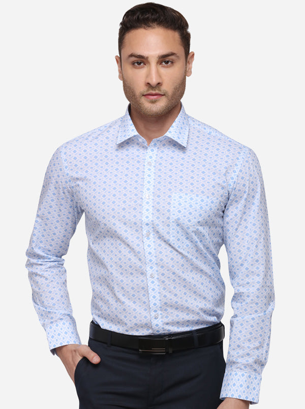 White & Blue Printed Slim Fit Formal Shirt | Greenfibre