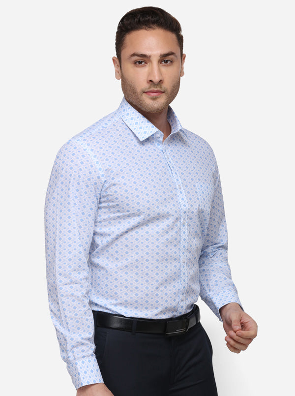 White & Blue Printed Slim Fit Formal Shirt | Greenfibre