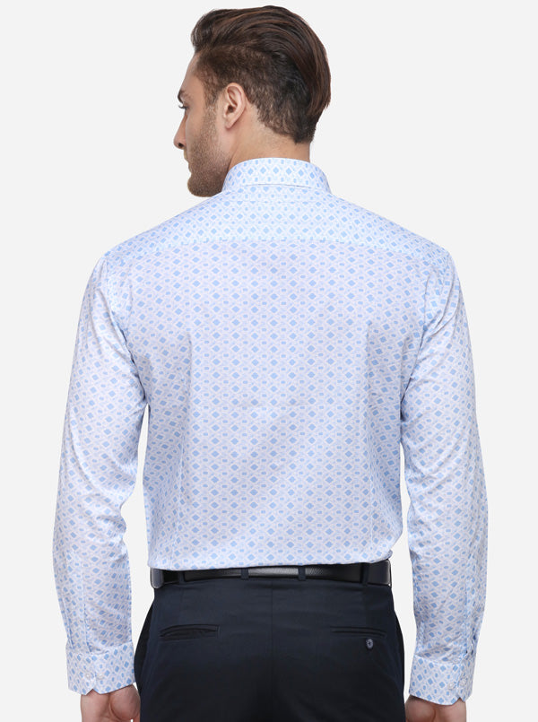 White & Blue Printed Slim Fit Formal Shirt | Greenfibre