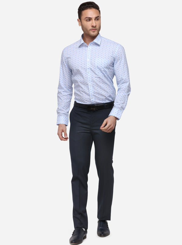 White & Blue Printed Slim Fit Formal Shirt | Greenfibre