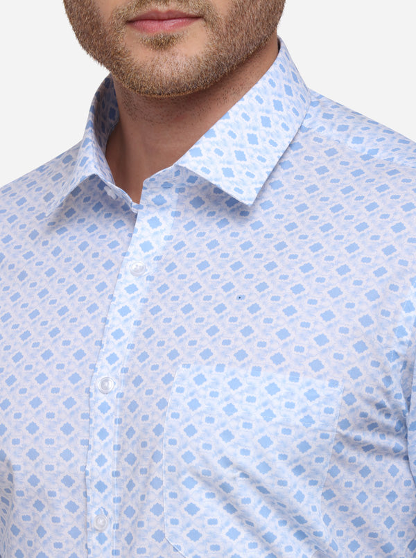 White & Blue Printed Slim Fit Formal Shirt | Greenfibre