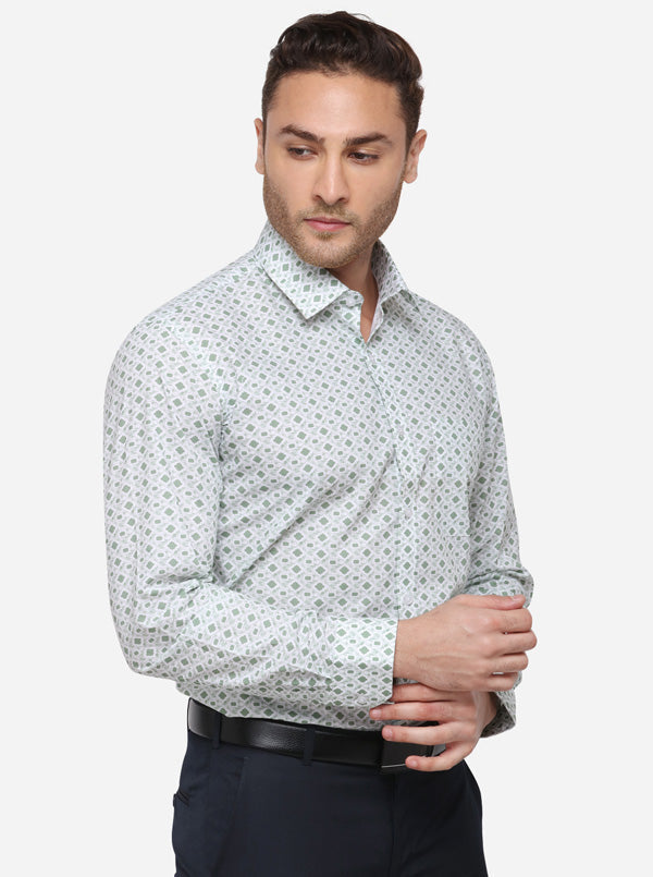 White & Green Printed Slim Fit Formal Shirt | Greenfibre