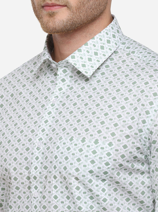 White & Green Printed Slim Fit Formal Shirt | Greenfibre