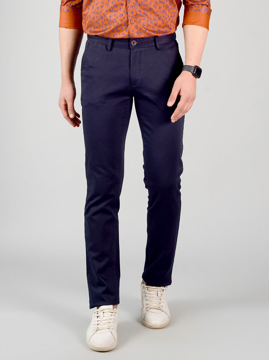 Navy Blue Self Textured Slim Fit Chinos | JB Sport