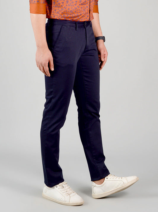 Navy Blue Self Textured Slim Fit Chinos | JB Sport