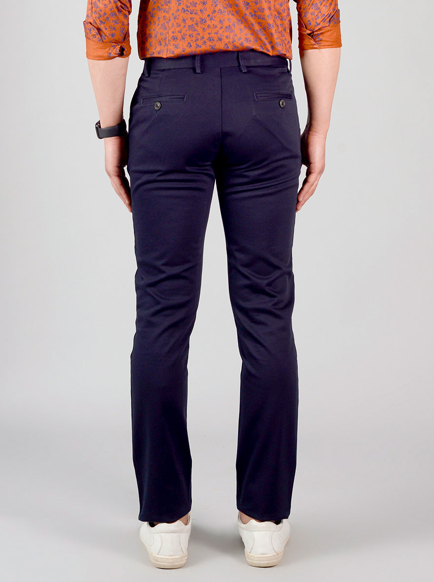 Navy Blue Self Textured Slim Fit Chinos | JB Sport