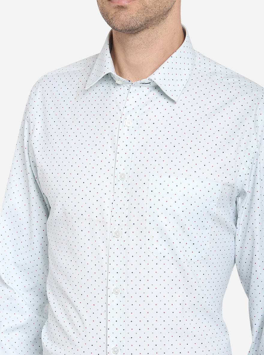 White & Blue Printed Slim Fit Formal Shirt | Greenfibre