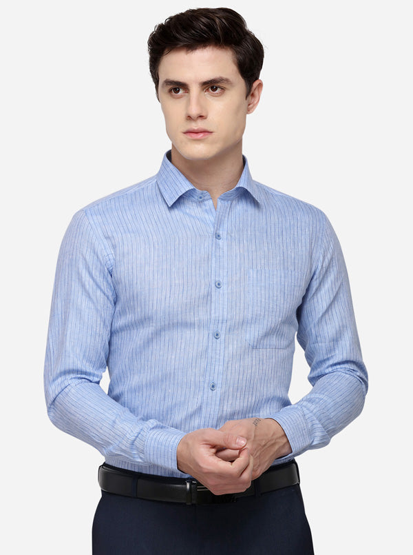 Sky Blue Striped Regular Fit Formal Shirt | JadeBlue