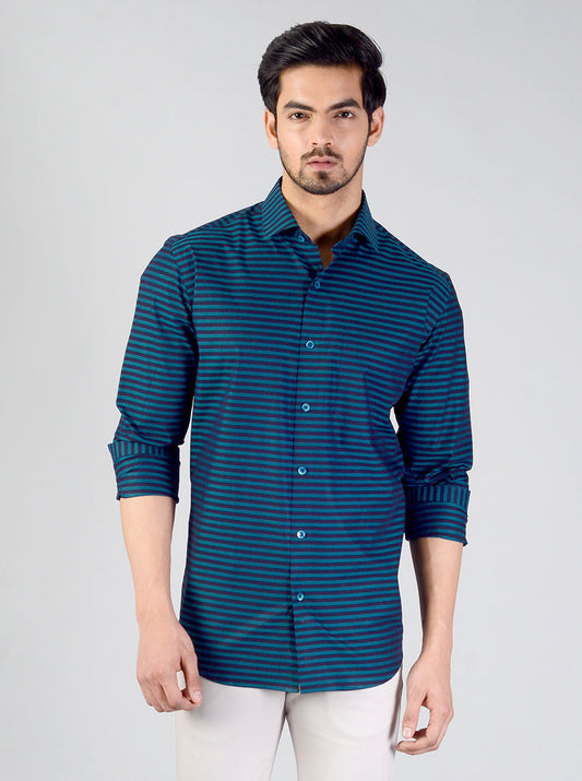 Pacific Green Striped Slim Fit Evening Wear Shirt | Metal