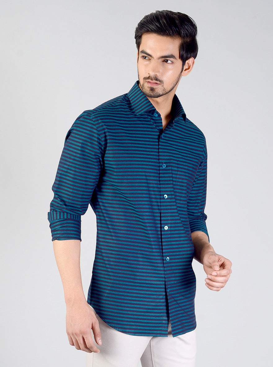 Pacific Green Striped Slim Fit Evening Wear Shirt | Metal