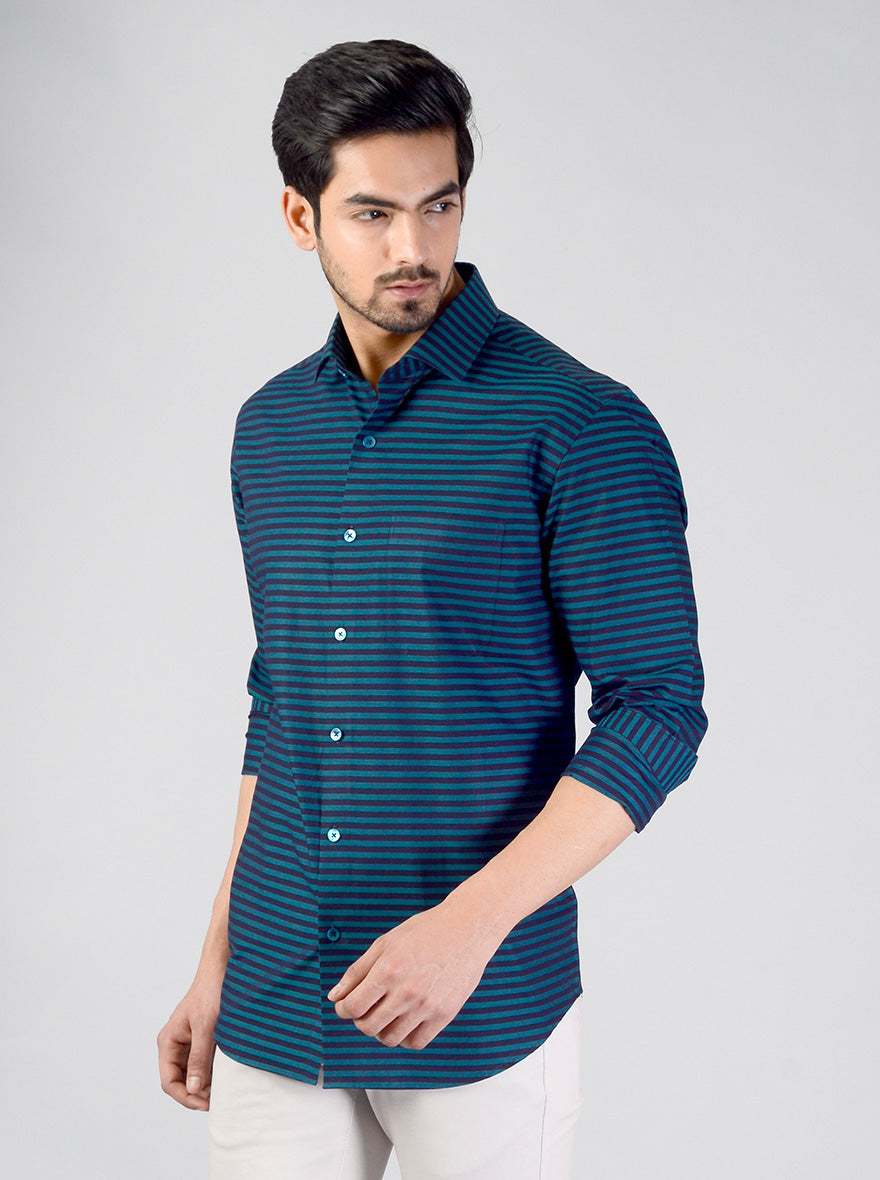 Pacific Green Striped Slim Fit Evening Wear Shirt | Metal