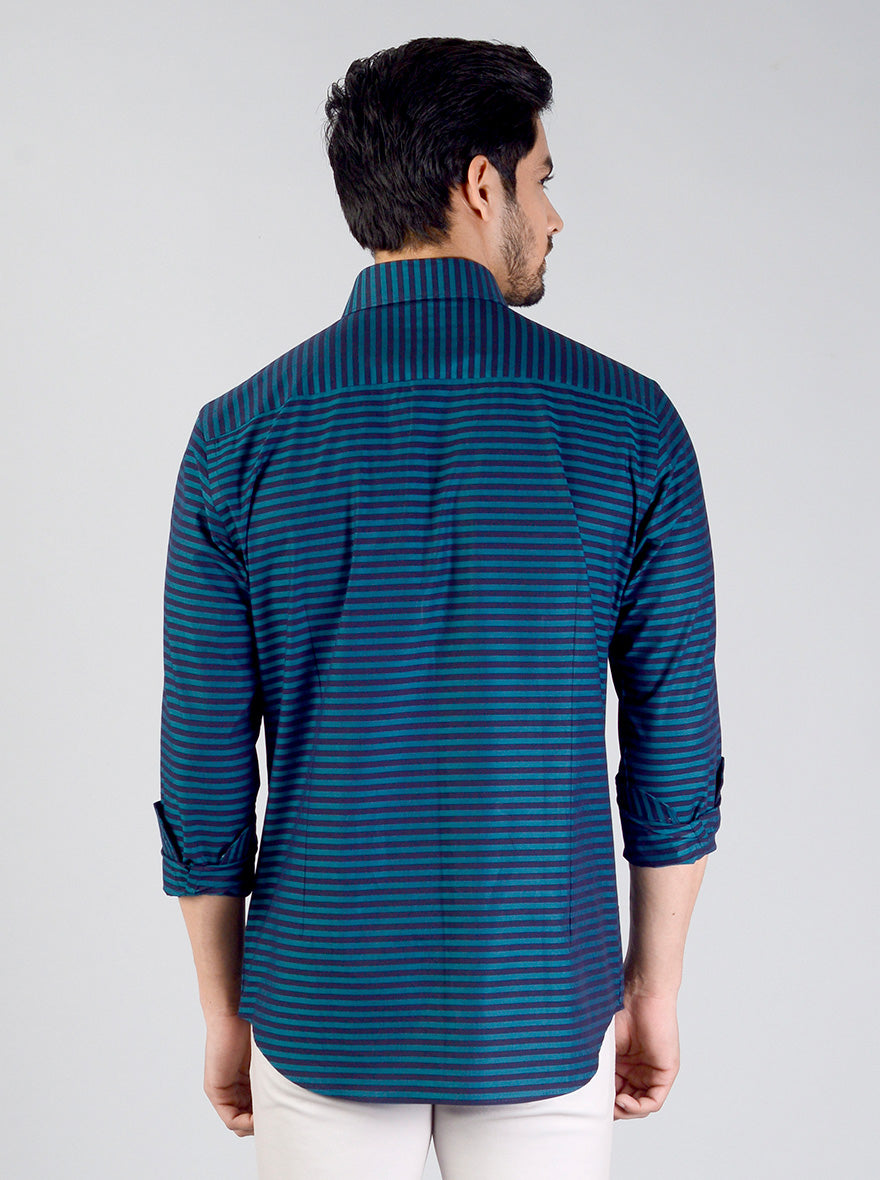 Pacific Green Striped Slim Fit Evening Wear Shirt | Metal