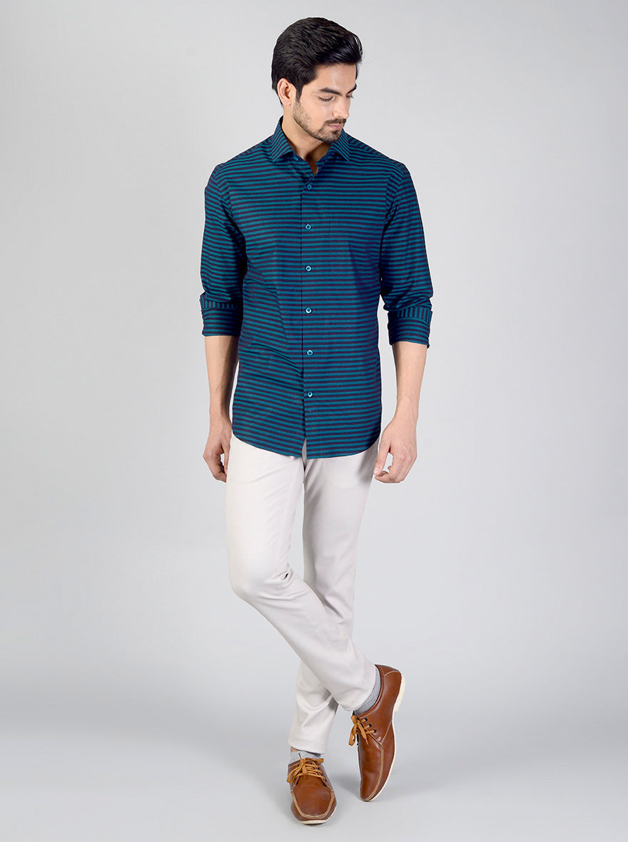 Pacific Green Striped Slim Fit Evening Wear Shirt | Metal