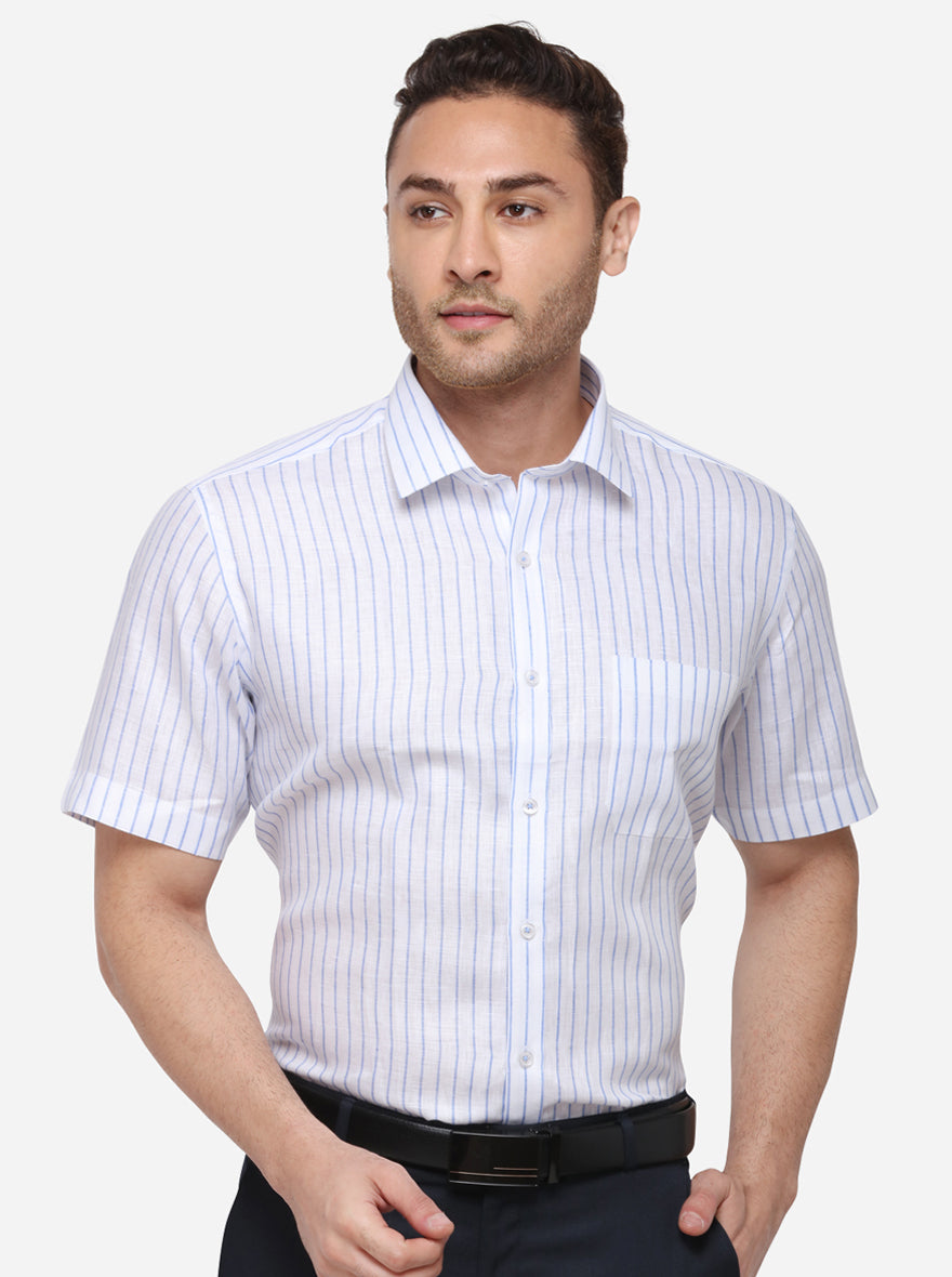 White & Blue Striped Regular Fit Formal Shirt | JadeBlue