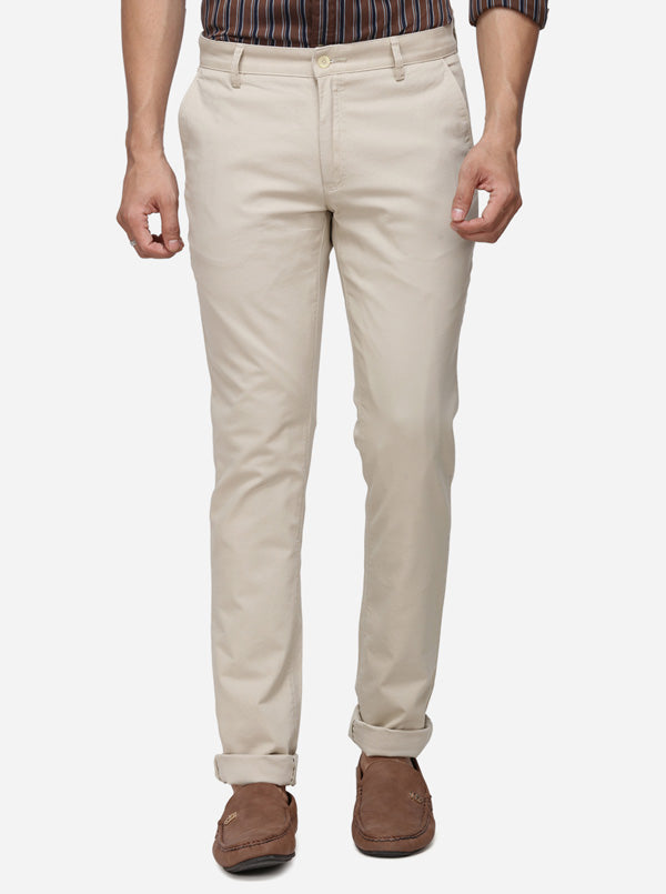 Taupe Solid Super Slim Fit Casual Trouser | Greenfibre