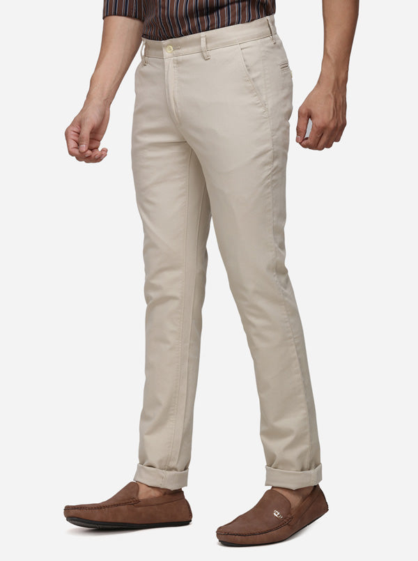 Taupe Solid Super Slim Fit Casual Trouser | Greenfibre