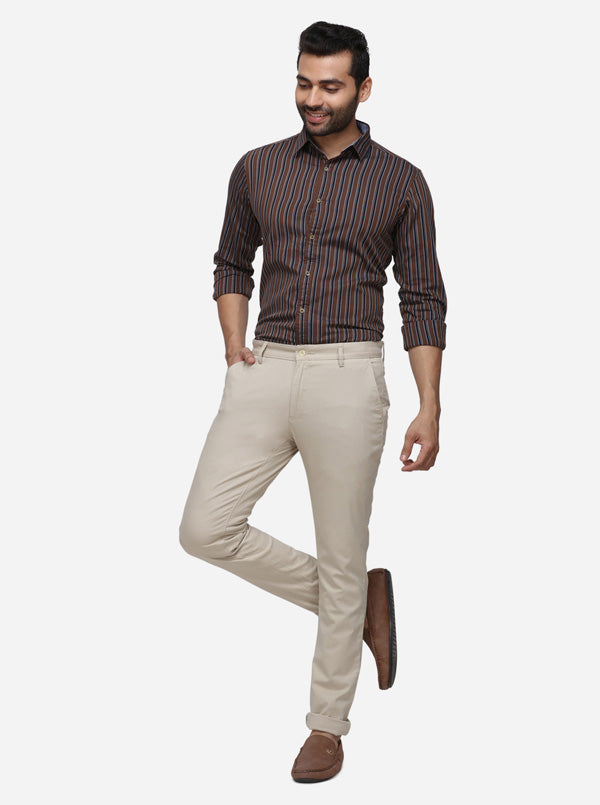 Taupe Solid Super Slim Fit Casual Trouser | Greenfibre