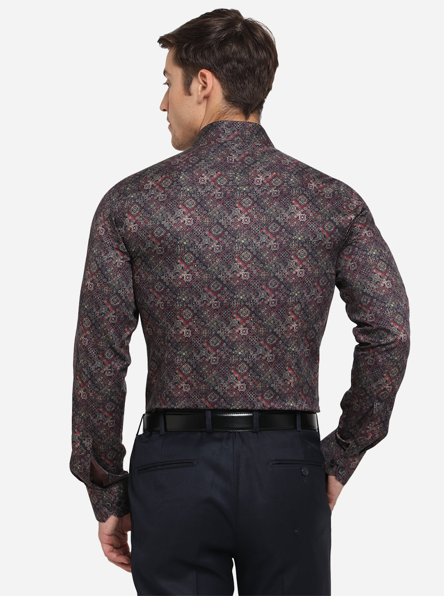 Maroon & Blue Printed Slim Fit Party Wear Shirt | Wyre