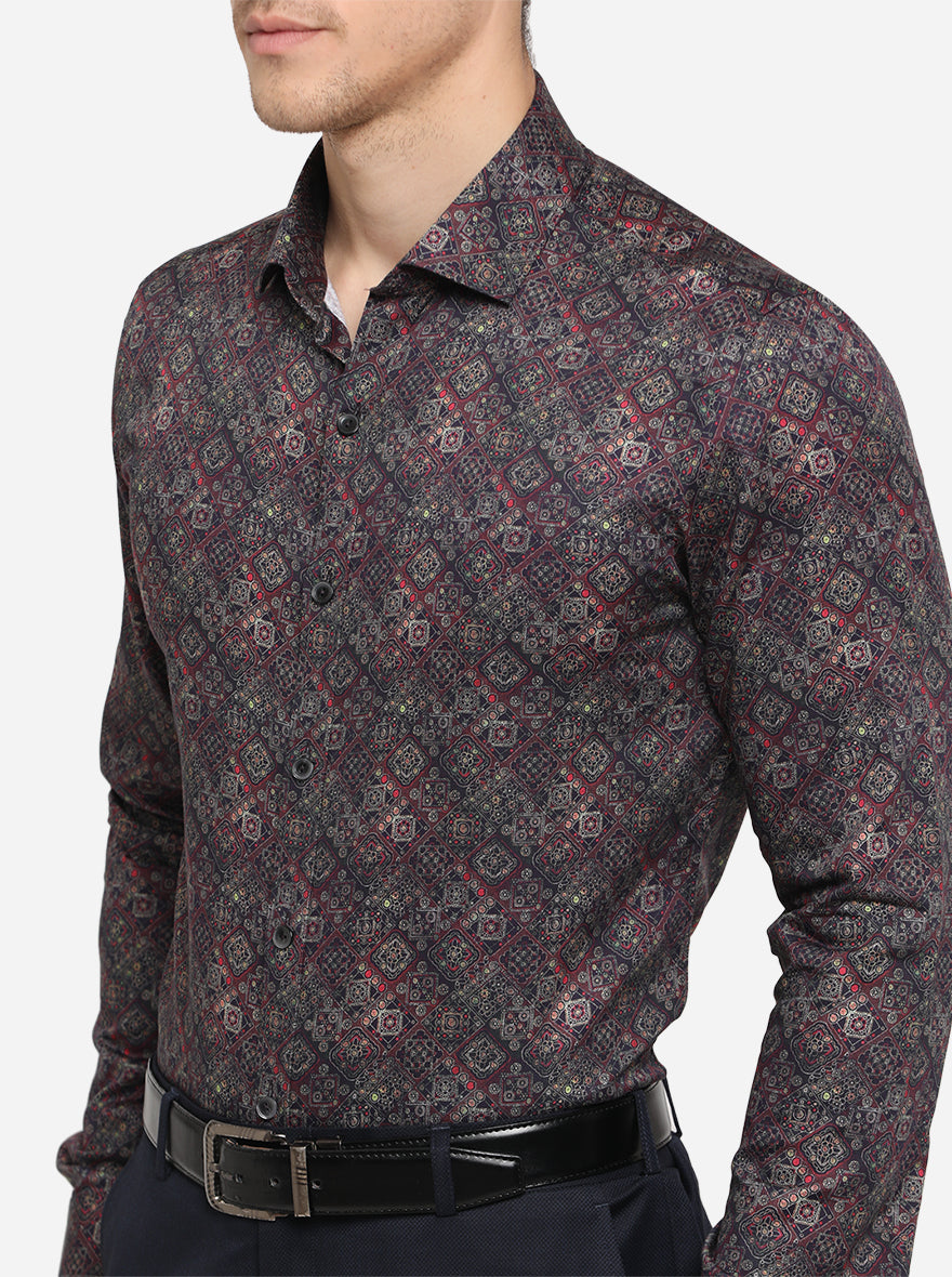 Maroon & Blue Printed Slim Fit Party Wear Shirt | Wyre