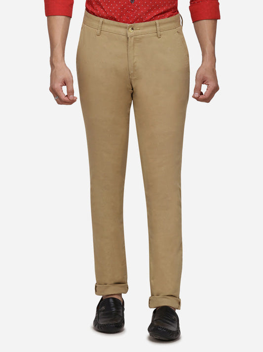 Khaki Solid Super Slim Fit Casual Trouser | Greenfibre