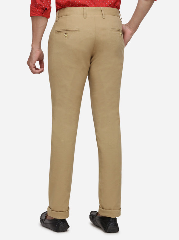 Khaki Solid Super Slim Fit Casual Trouser | Greenfibre