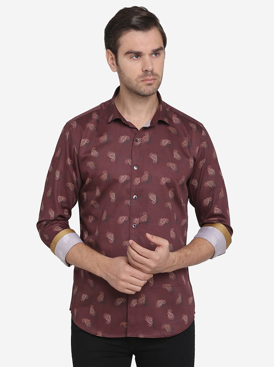 Brown Printed Slim Fit Party Wear Shirt  | Wyre