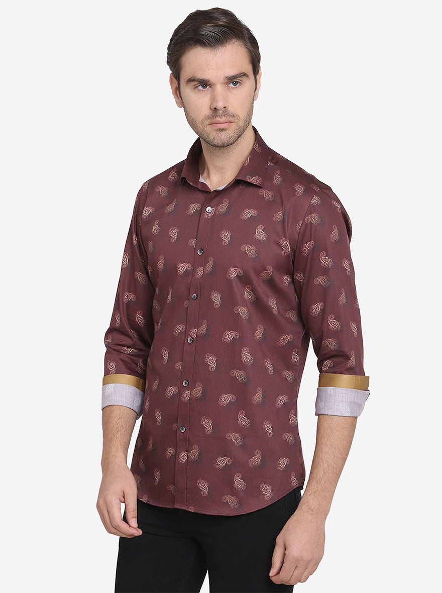 Brown Printed Slim Fit Party Wear Shirt  | Wyre