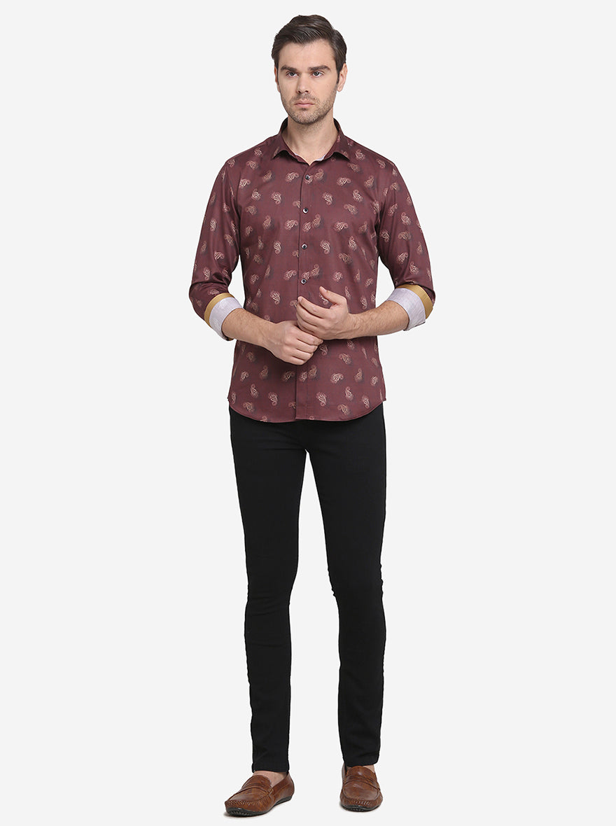 Brown Printed Slim Fit Party Wear Shirt  | Wyre