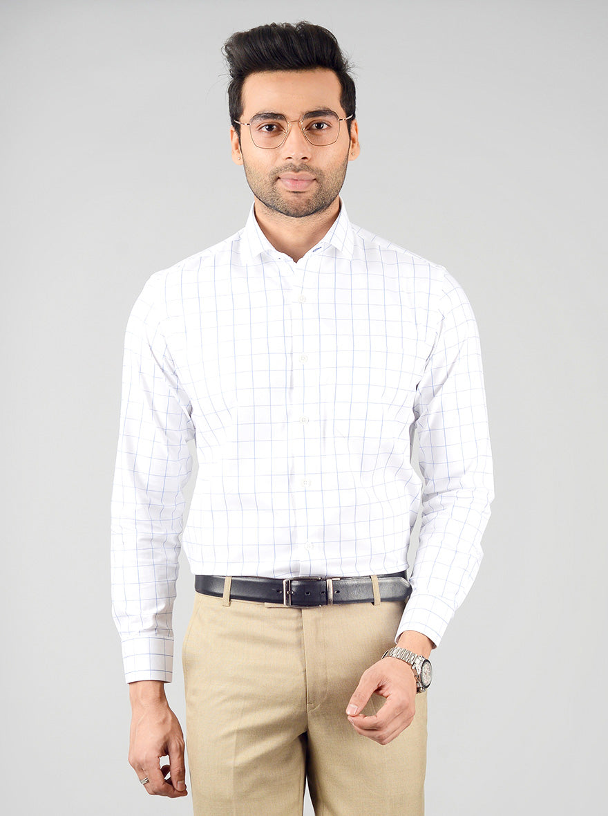 White & Blue Checked Slim Fit Evening Wear Shirt | Metal