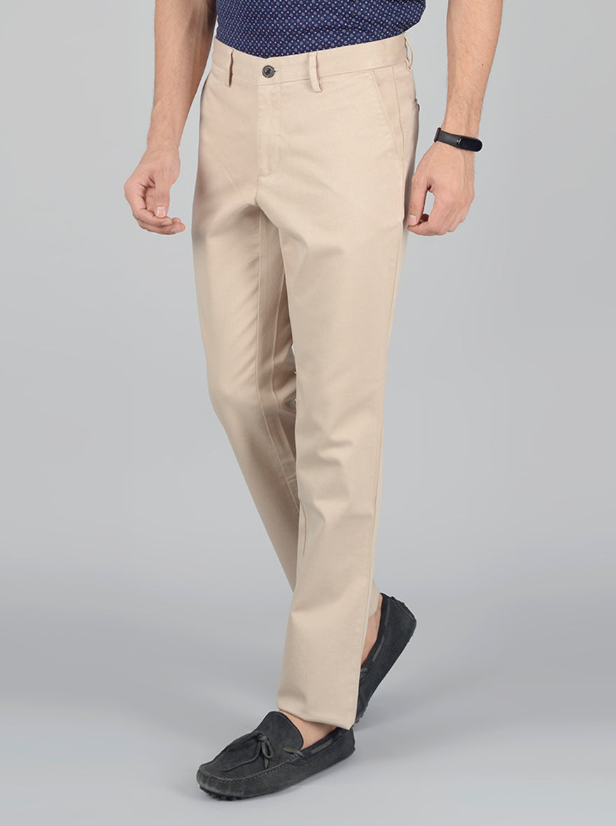 Beige Self Textured Slim Fit Casual Trouser | JadeBlue