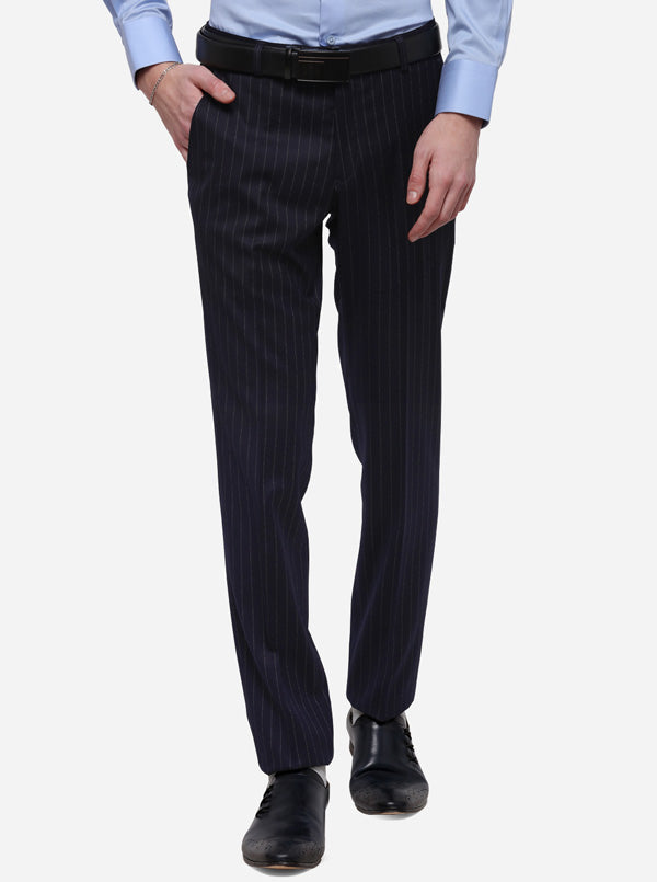 Navy Blue Striped Super Slim Fit Formal Trouser | JadeBlue