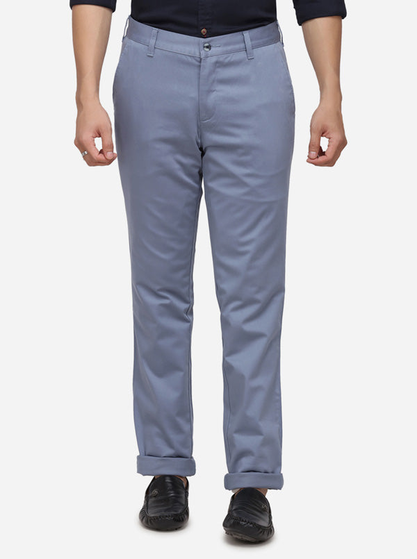 Stone Blue Solid Slim Fit Casual Trouser | Greenfibre