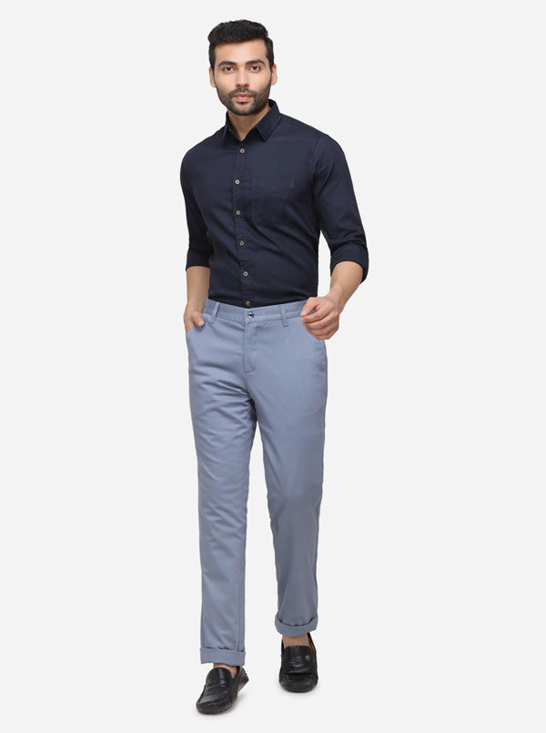 Stone Blue Solid Slim Fit Casual Trouser | Greenfibre