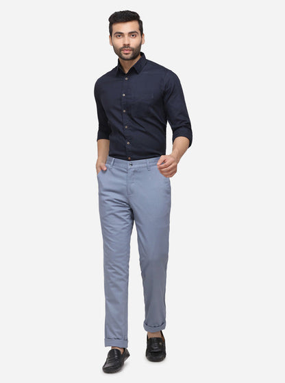 Stone Blue Solid Slim Fit Casual Trouser | Greenfibre