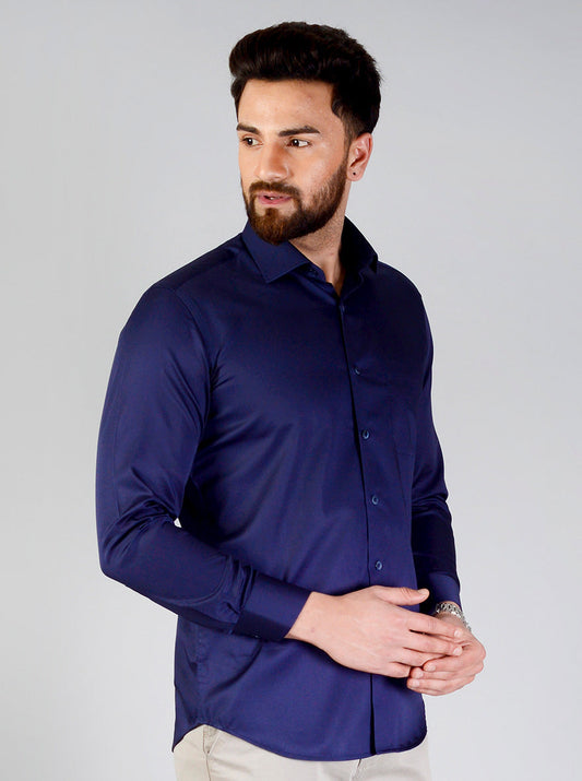 Navy Blue Solid Slim Fit Evening Wear Shirt | Metal