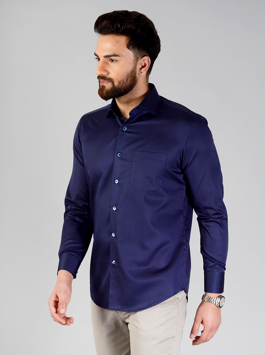 Navy Blue Solid Slim Fit Evening Wear Shirt | Metal