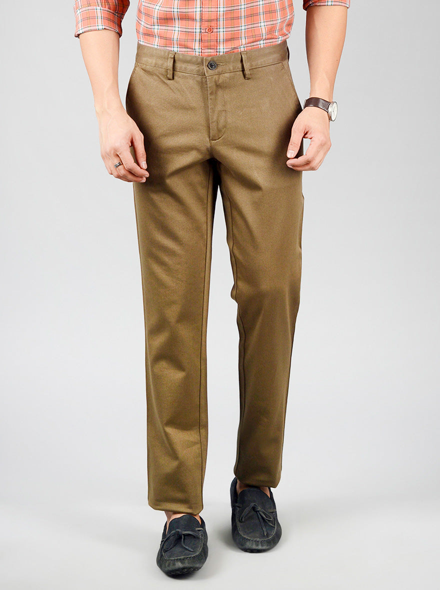 Olive Brown Solid Slim Fit Casual Trouser | JB Sport