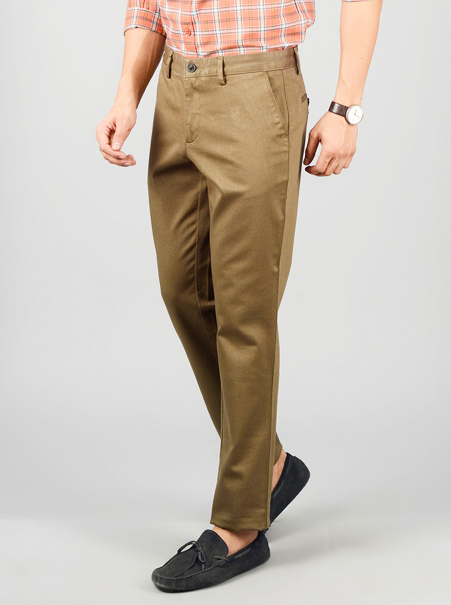 Olive Brown Solid Slim Fit Casual Trouser | JB Sport