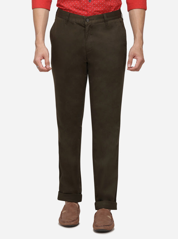 Olive Solid Slim Fit Casual Trouser | Greenfibre