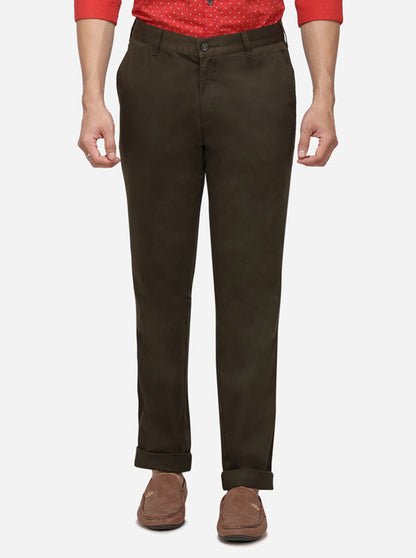 Olive Solid Slim Fit Casual Trouser | Greenfibre