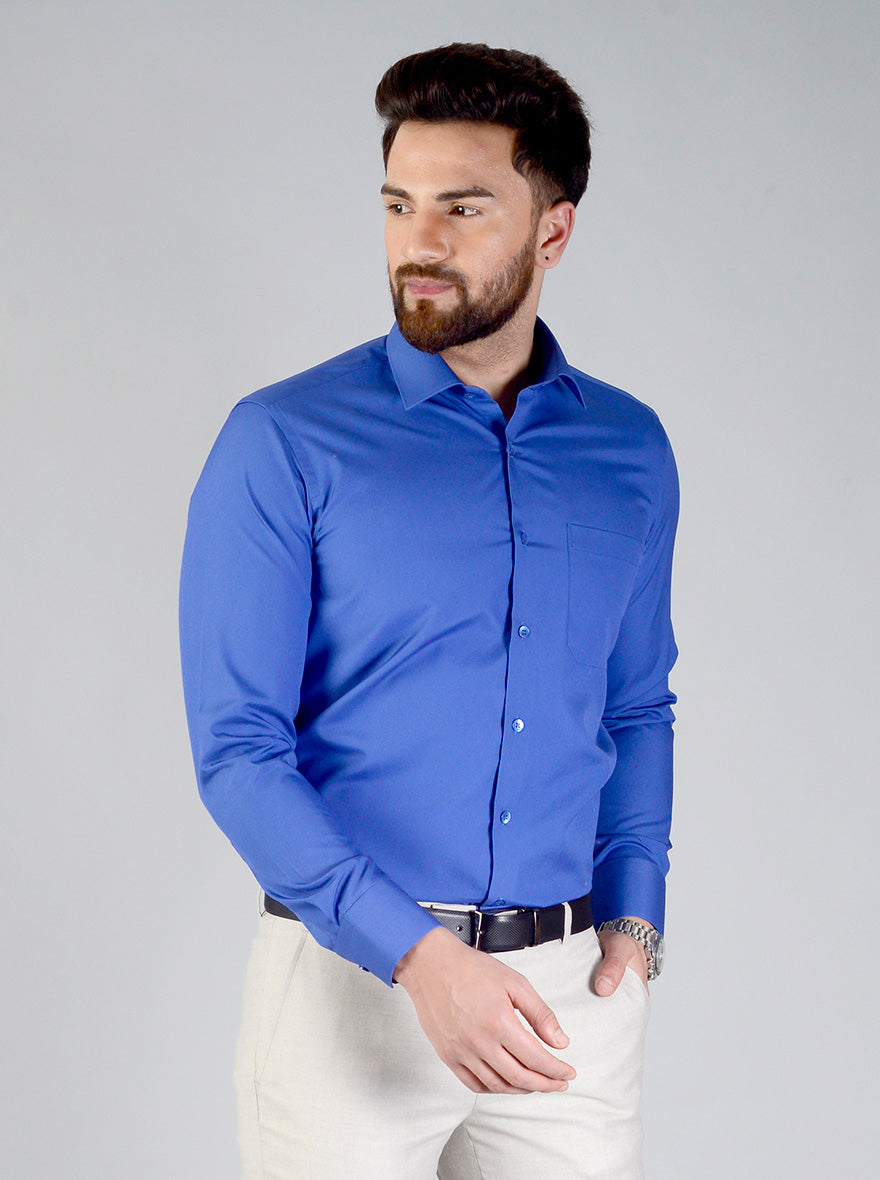 Royal Blue Solid Slim Fit Evening Wear Shirt | Metal