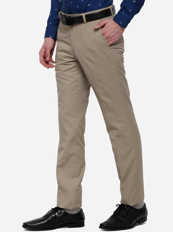 Beige Solid Slim Fit Formal Trouser | Greenfibre