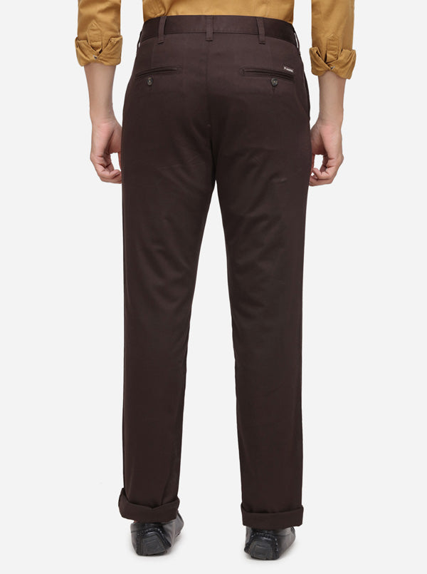 Dark Brown Solid Slim Fit Casual Trouser | Greenfibre