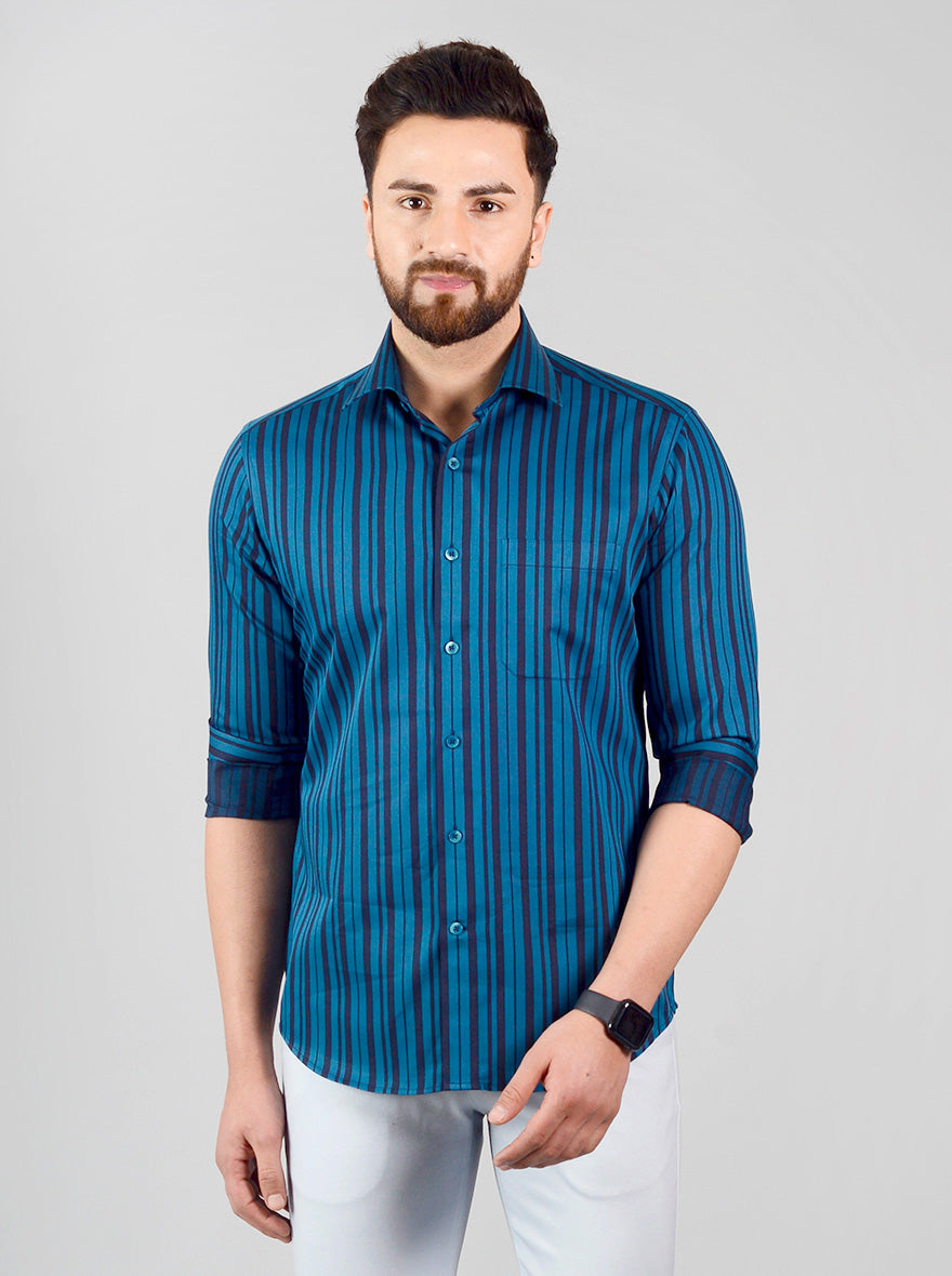 Pacific Green & Navy Blue Striped Slim Fit Evening Wear Shirt | Metal