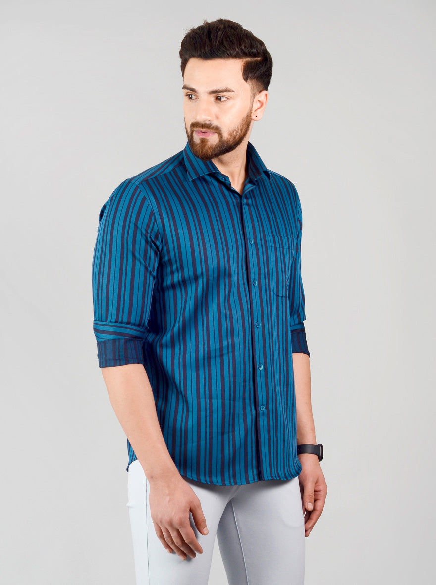 Pacific Green & Navy Blue Striped Slim Fit Evening Wear Shirt | Metal